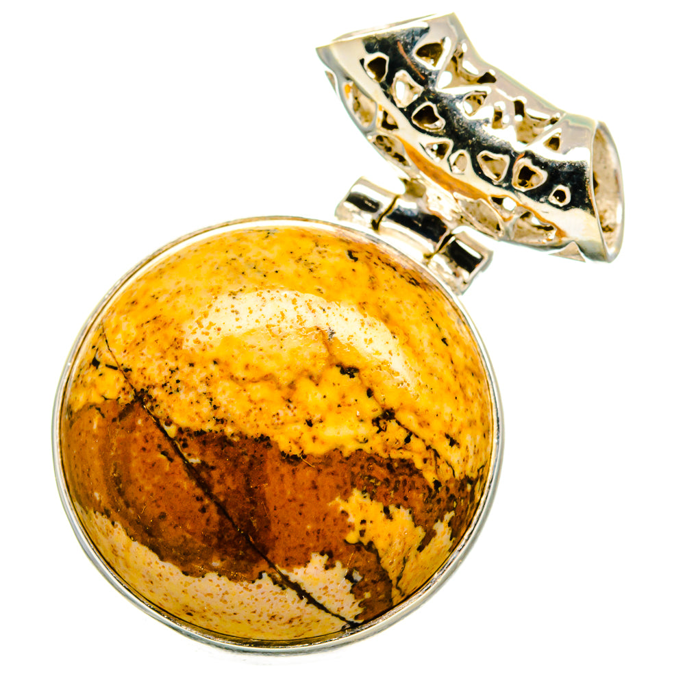 Round picture jasper cabochon pendant with silver prong setting and ornate top bail