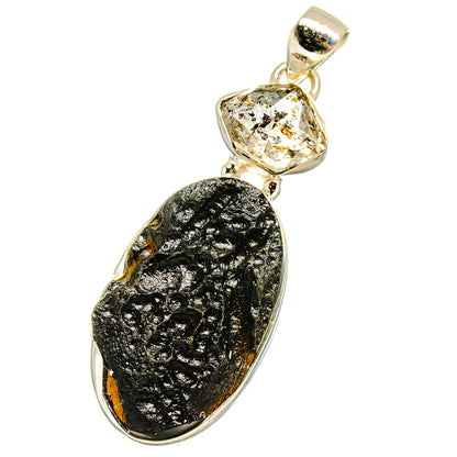 925 silver pendant with black tektite stone and clear diamond bezel setting