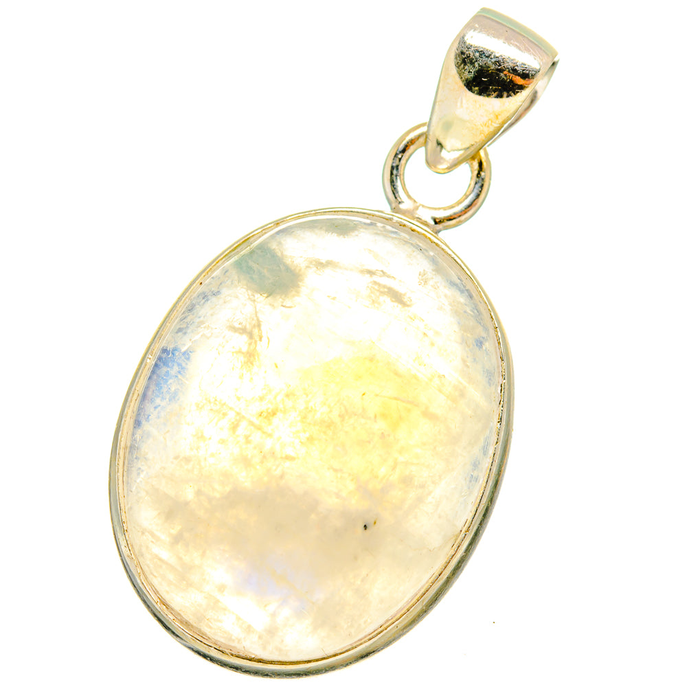 Sterling silver oval rainbow moonstone pendant with golden iridescent shimmer