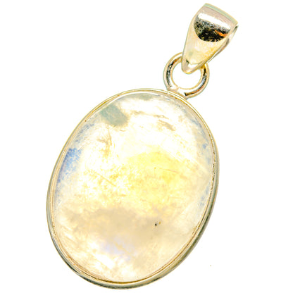 Sterling silver oval rainbow moonstone pendant with golden iridescent shimmer