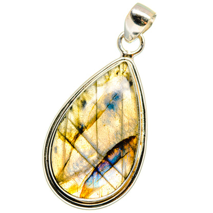 Labradorite sterling silver teardrop pendant with yellow and blue iridescent stone