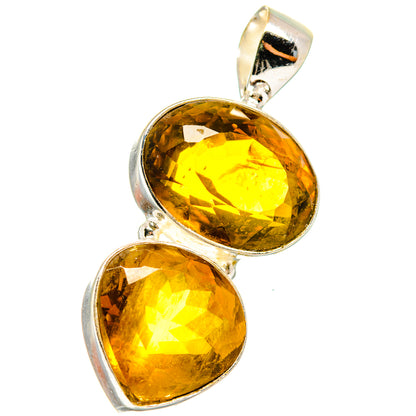 Oval amber citrine gemstone pendant in polished 925 sterling silver, double heart drop design