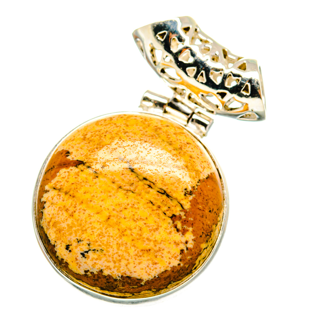 Round cabochon pendant with gold-orange picture jasper stone and silver patterned bail