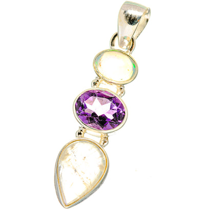Silver-tone pendant with purple amethyst and two white opal cabochons, bezel set