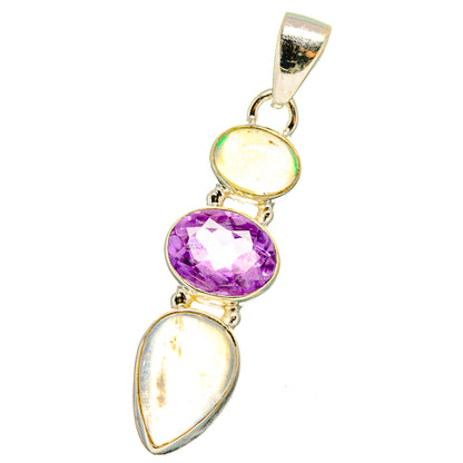 Sterling silver pendant with round yellow opal, purple gemstone, and white teardrop charm