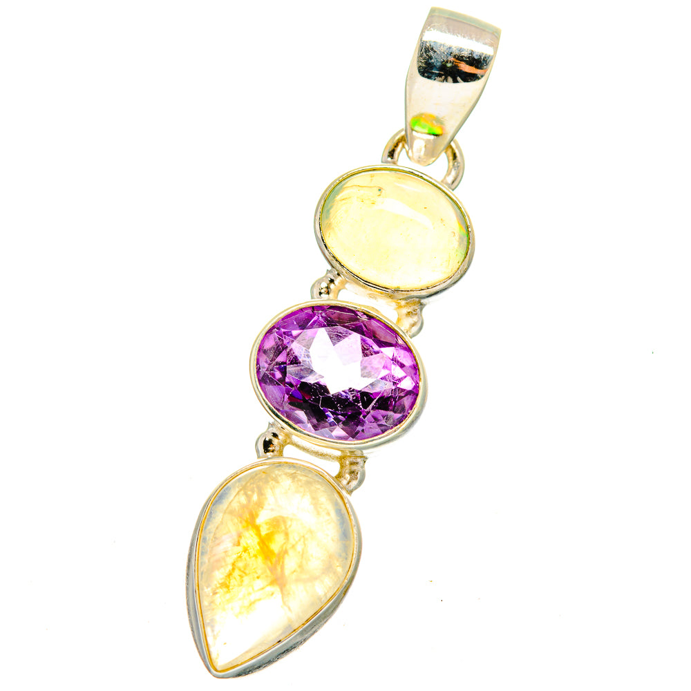 Sterling silver pendant with three oval stones: yellow, purple, and pale yellow