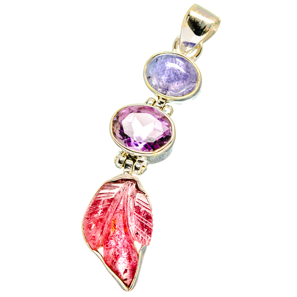 925 sterling silver pendant with purple and pink gemstones, leaf-shaped red stone