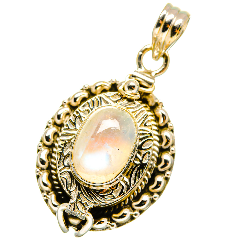 Sterling silver moonstone pendant with oval iridescent gem and ornate bezel, loop bail