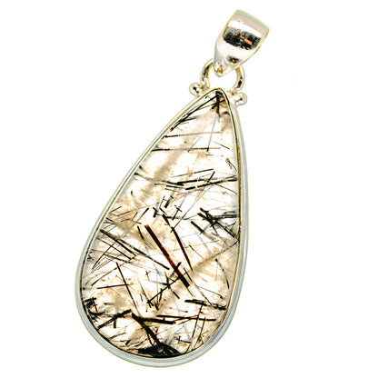 Teardrop sterling silver pendant with light quartz and black needle inclusions
