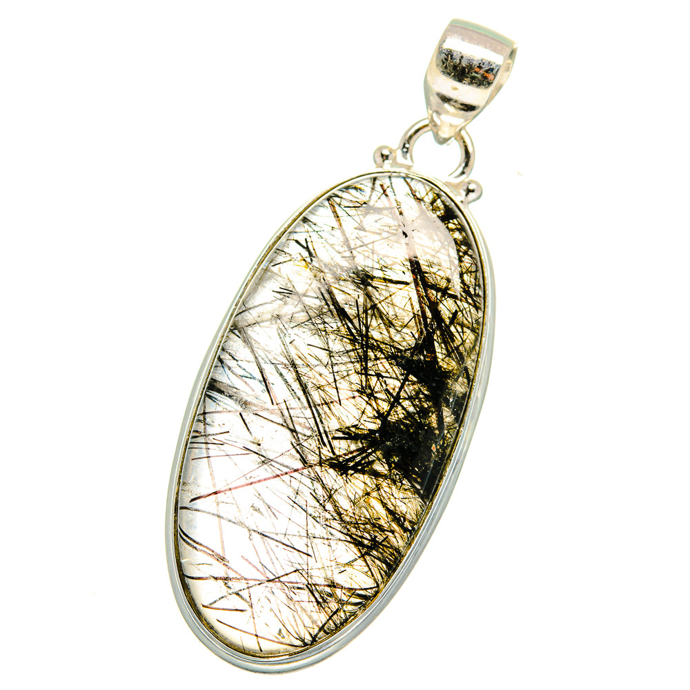 Sterling silver oval tourmalinated quartz pendant with black needle inclusions