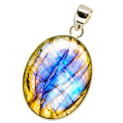 Labradorite oval pendant with blue and gold iridescence, silver bezel and top loop