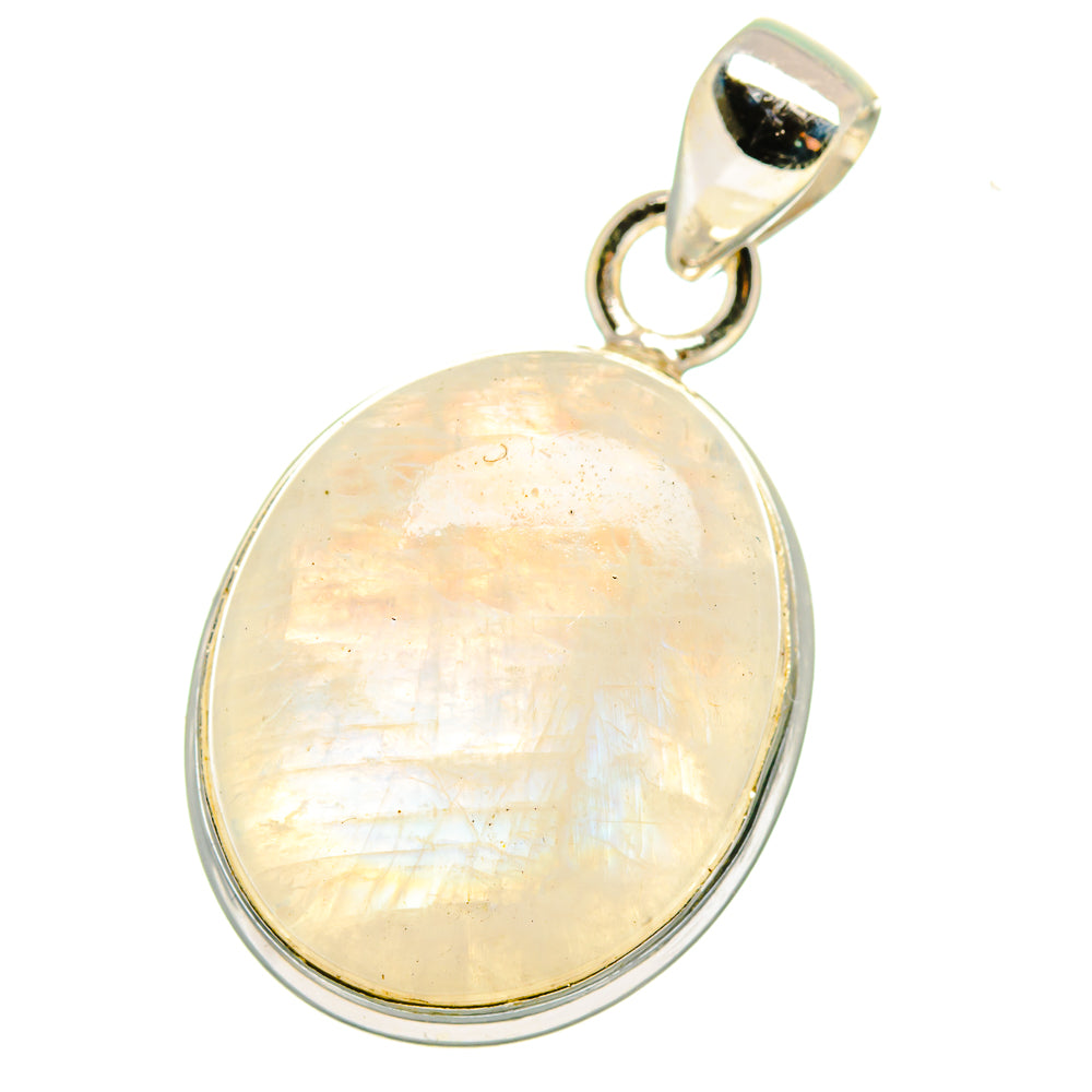 Oval moonstone pendant with sterling silver bail, full pendant view with pearly luster