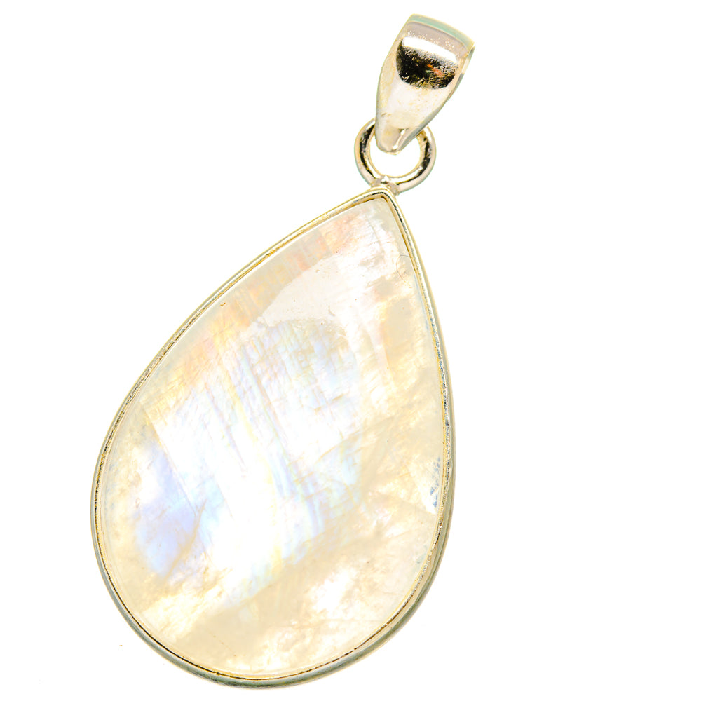 Opalescent teardrop moonstone pendant in 925 sterling silver, side view with bail loop.