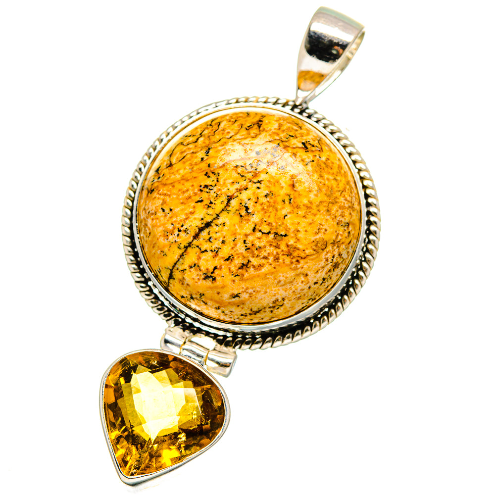 Sterling silver pendant set: round amber jasper cabochon and teardrop citrine