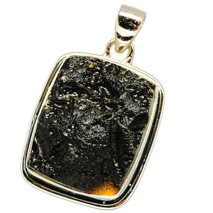 Square black tektite pendant with sterling silver border and top loop bail