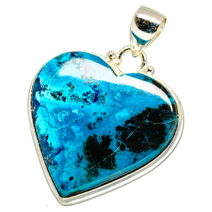 Sterling silver shattuckite pendant heart with turquoise-blue cabochon and loop bail