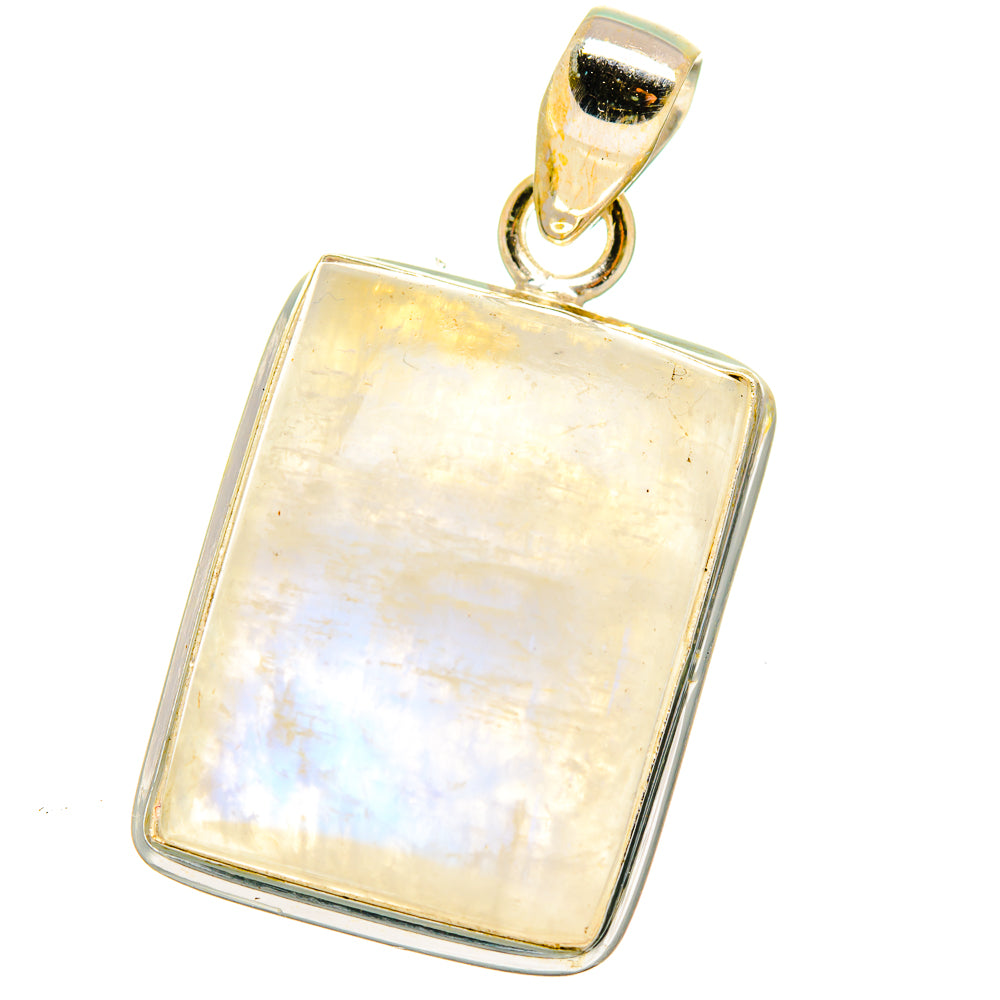 Square rainbow moonstone pendant with 925 sterling silver frame and loop bail