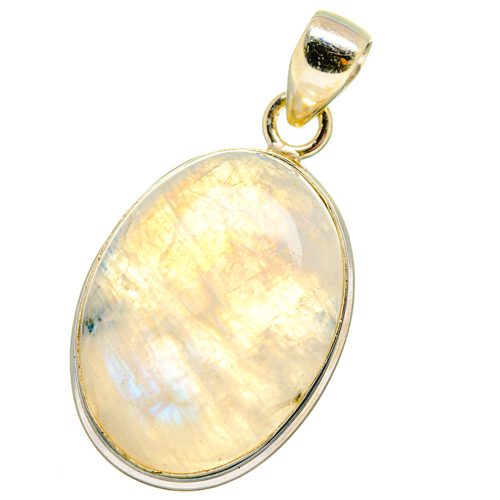 Oval moonstone pendant in polished bezel with hanging bail and rainbow iridescent glow