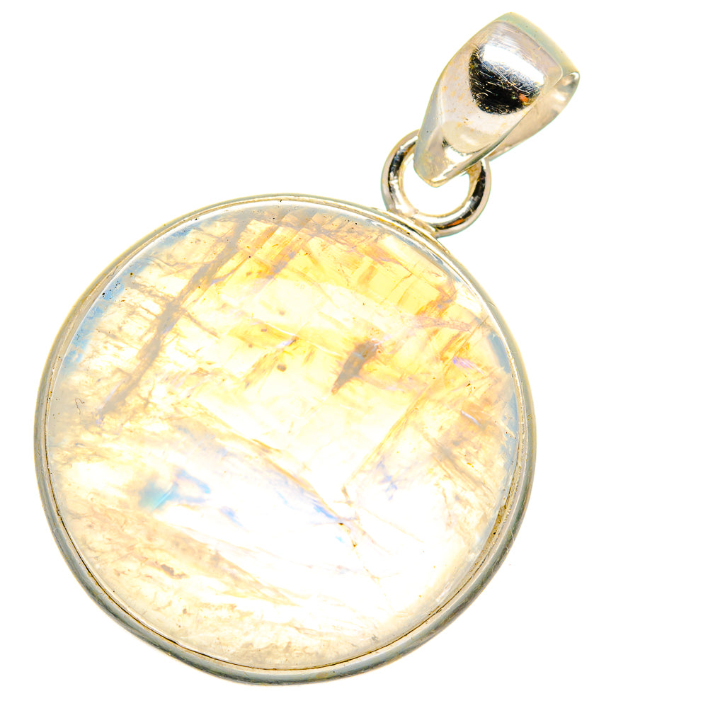 Round rainbow moonstone pendant in 925 sterling silver bezel, with top bail