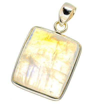 Rainbow moonstone pendant with sterling silver square bezel and loop bail, milky white glow.