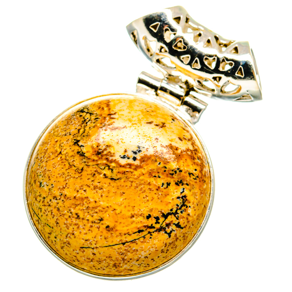 Round 925 sterling silver picture jasper pendant, orange speckled cabochon bezel