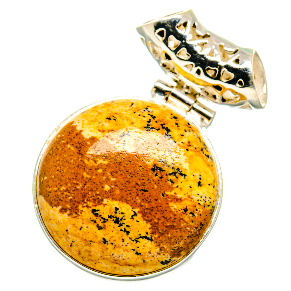 Picture jasper round cabochon pendant with ornate 925 sterling silver bail and frame