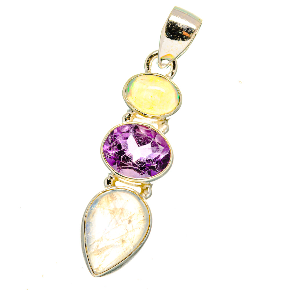 Sterling silver pendant featuring green-yellow opal, purple amethyst, and pear-shaped stone
