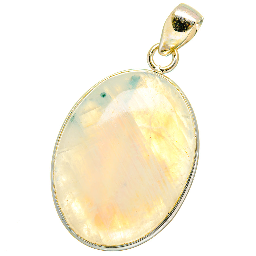 Oval moonstone pendant in sterling silver bezel with loop bail, pale opalescent surface.