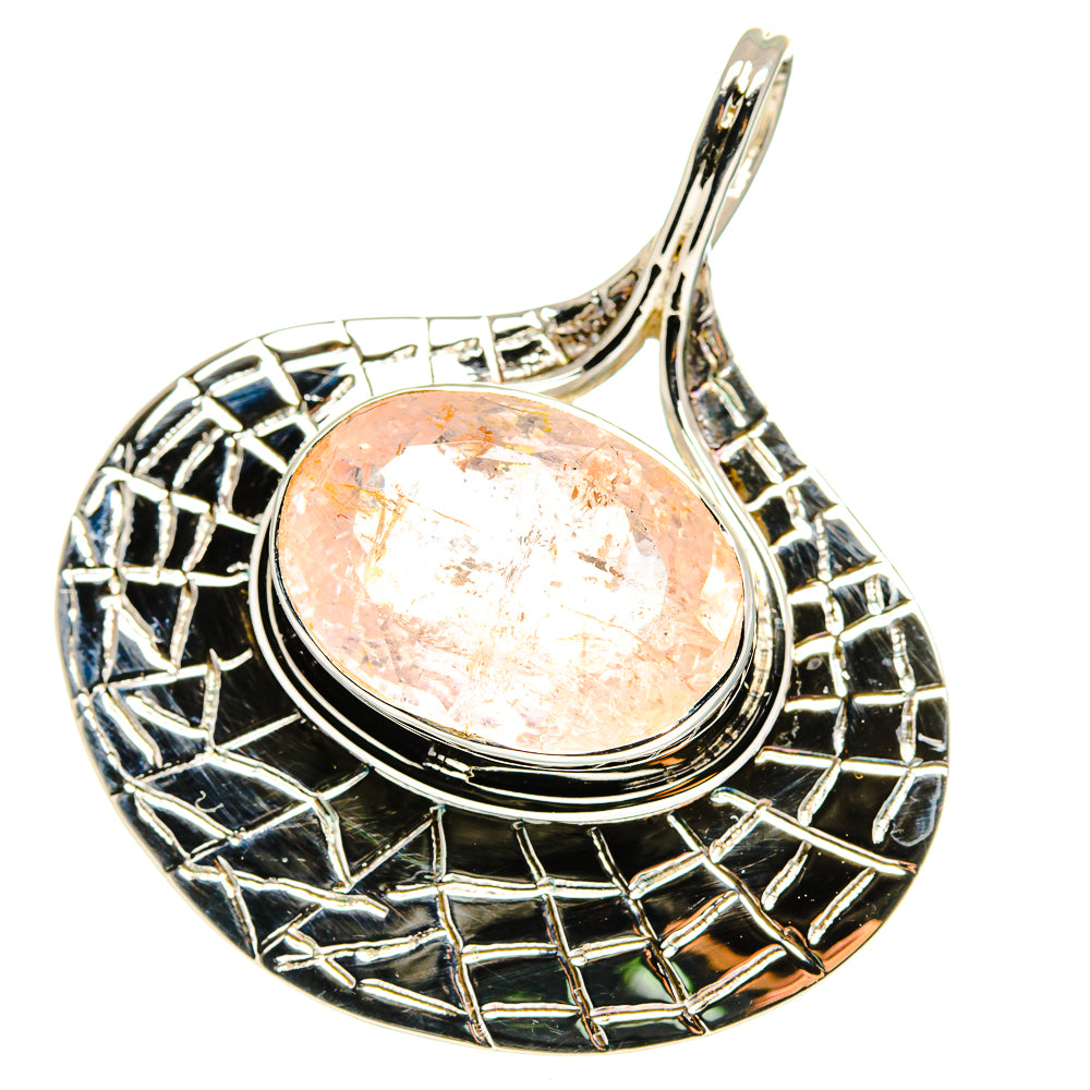 Sterling silver teardrop pendant with rose quartz cabochon and black enamel border