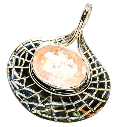 Sterling silver teardrop pendant with rose quartz cabochon and black enamel border
