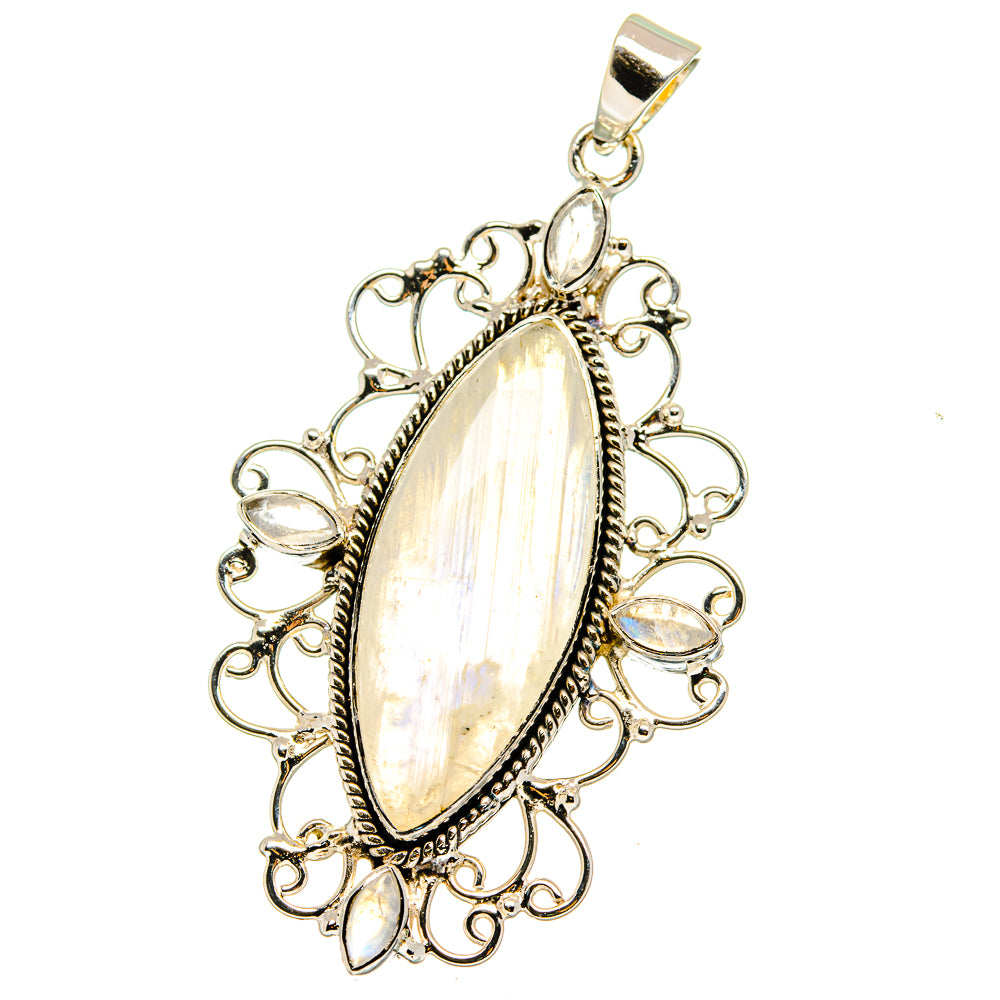 Sterling silver teardrop moonstone pendant with iridescent center and filigree frame