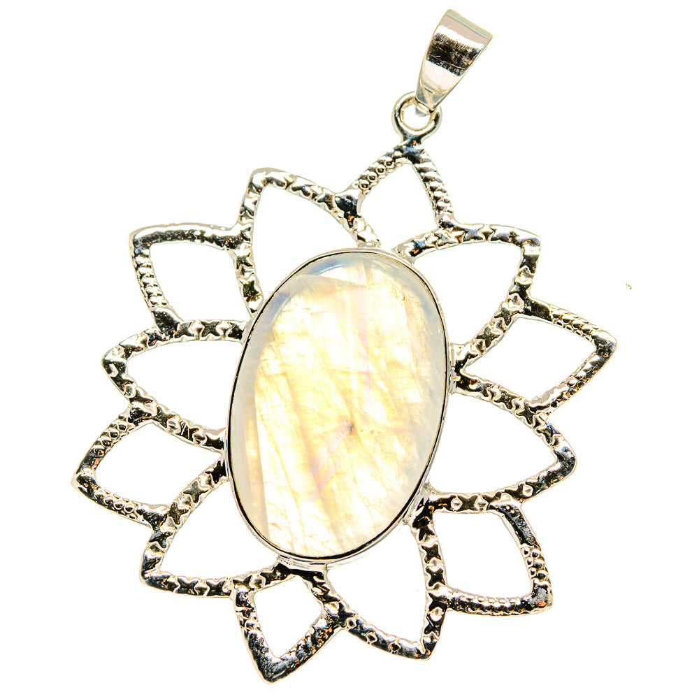 Sterling silver moonstone pendant with oval opalescent center and starburst frame