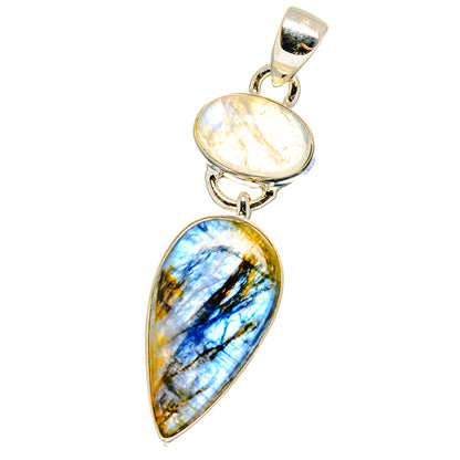Layered moonstone oval and teardrop kyanite pendant with bail in 925 sterling silver