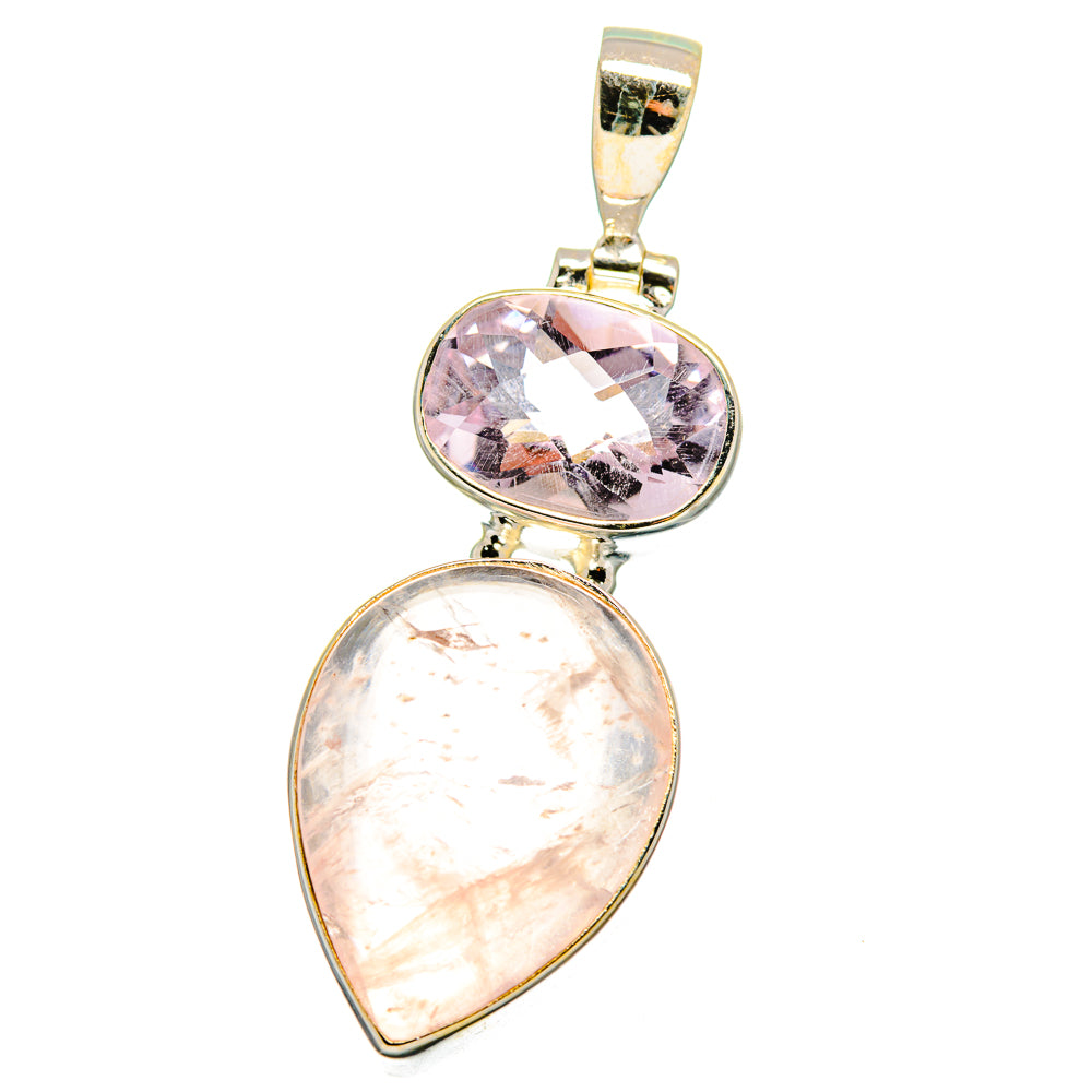 Two-stone silver pendant: faceted amethyst top and rose quartz teardrop, hanging bail