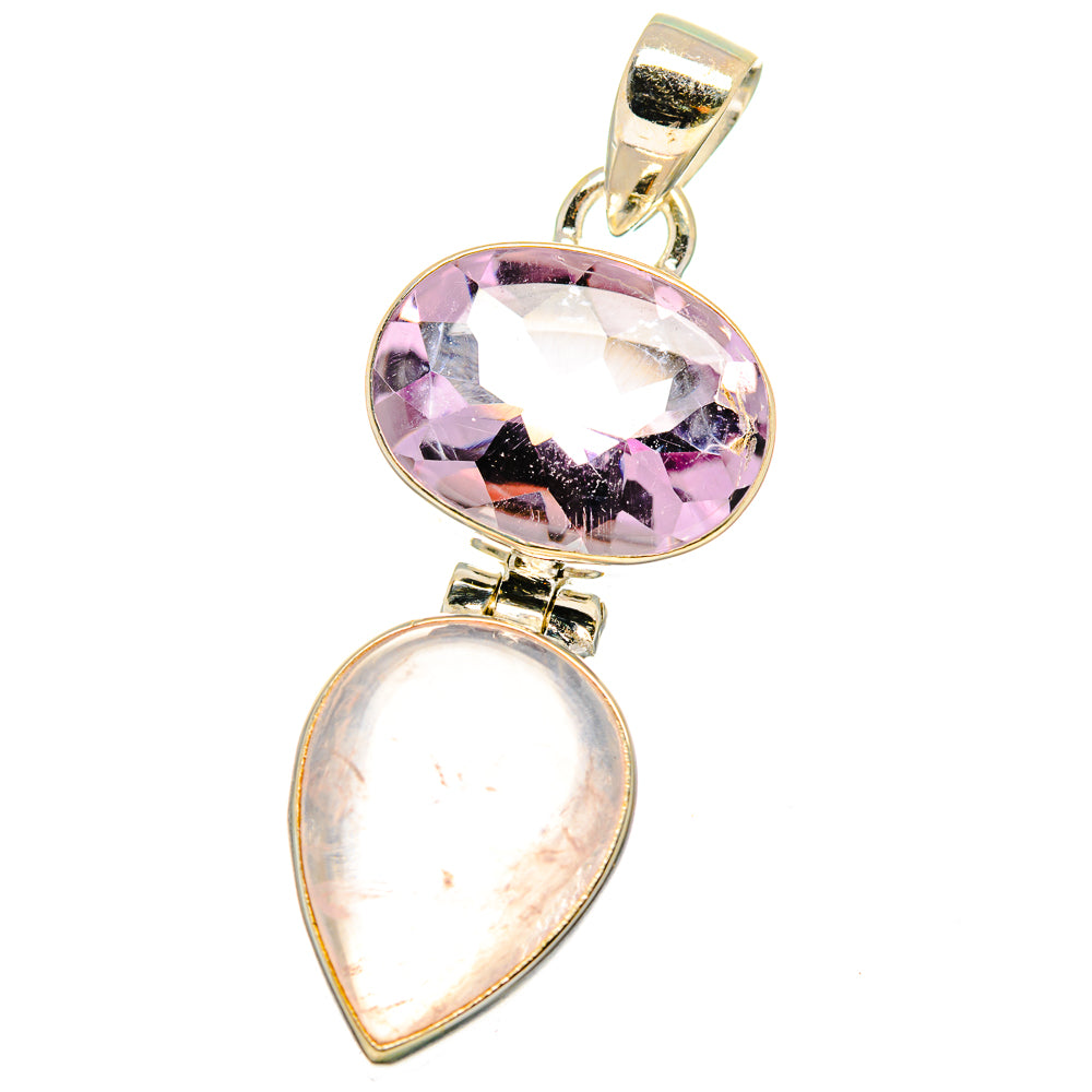 Gold-tone amethyst and rose quartz pendant, oval top and pear-shaped stone