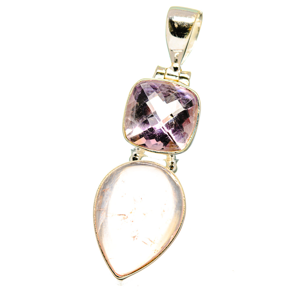 Sterling silver pendant with faceted purple amethyst stone and pink rose quartz drop