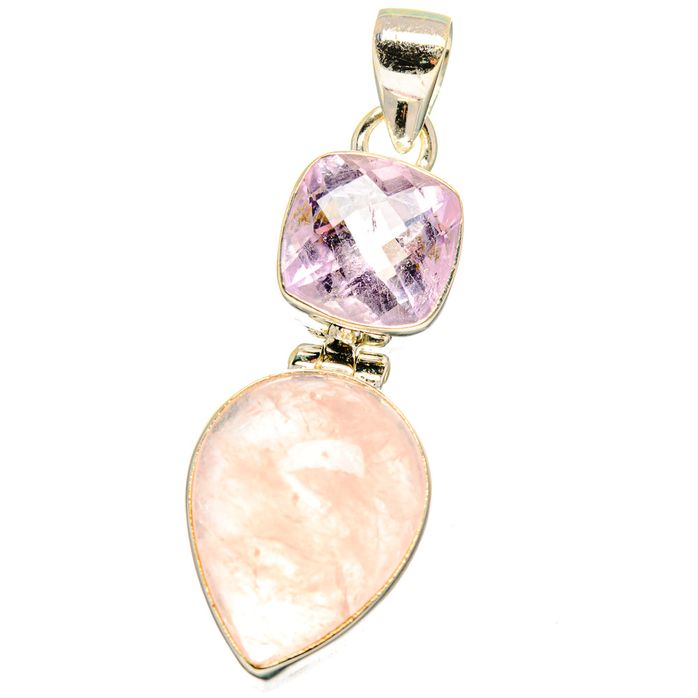 Amethyst and rose quartz double pendant with polished 925 sterling silver frame