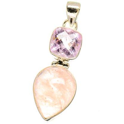 Amethyst and rose quartz double pendant with polished 925 sterling silver frame