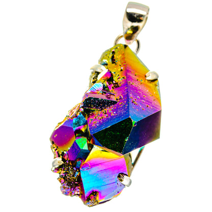 Rainbow druzy gemstone pendant in 925 sterling silver bail, full pendant view