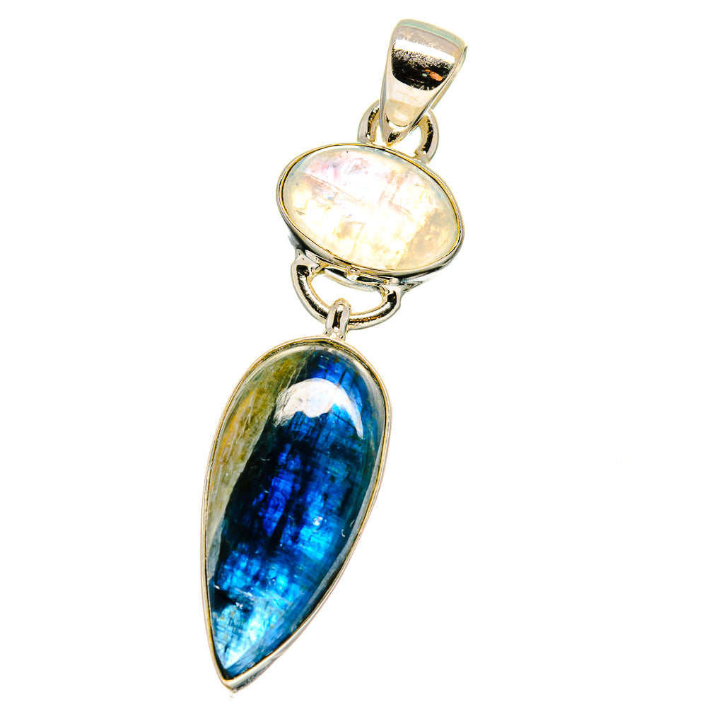 Sterling silver pendant with iridescent oval moonstone and blue kyanite drop