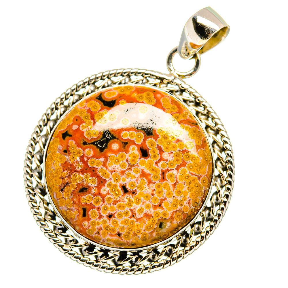 Round ocean jasper cabochon pendant in 925 sterling silver bezel with rope frame