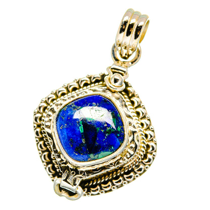 Blue oval azurite pendant with gold-tone bail and filigree frame, 925 sterling silver