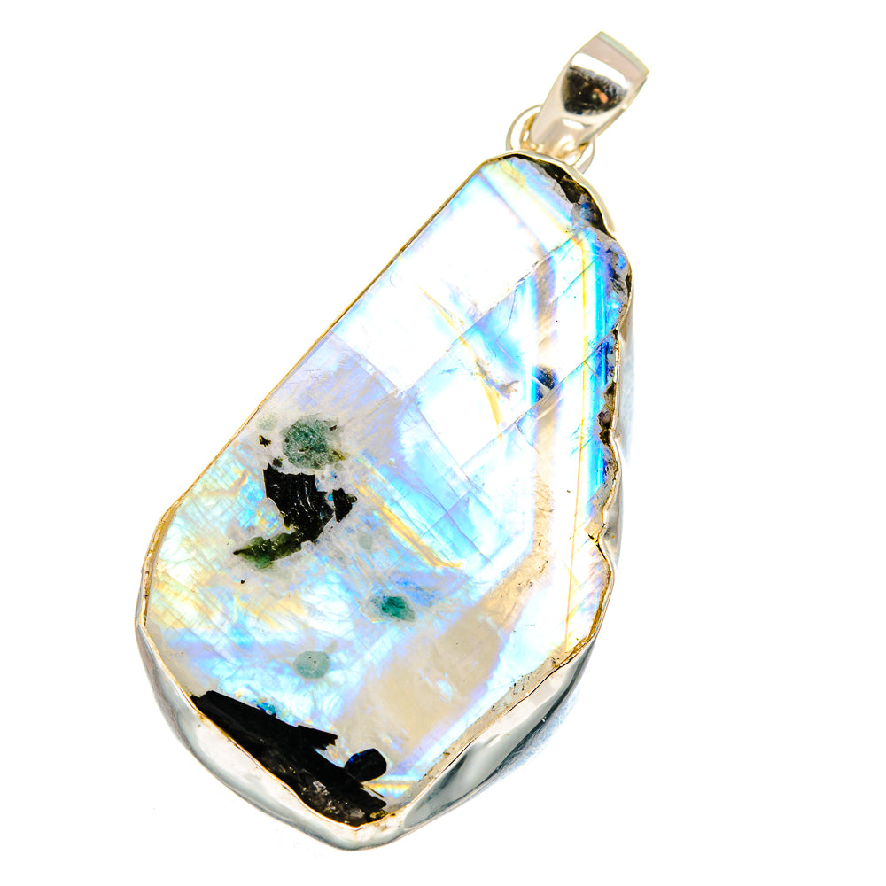 Rough rainbow moonstone teardrop pendant with 925 sterling silver bail and bezel frame