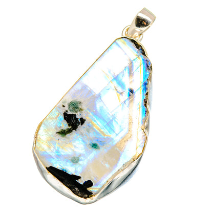Rough rainbow moonstone teardrop pendant with 925 sterling silver bail and bezel frame
