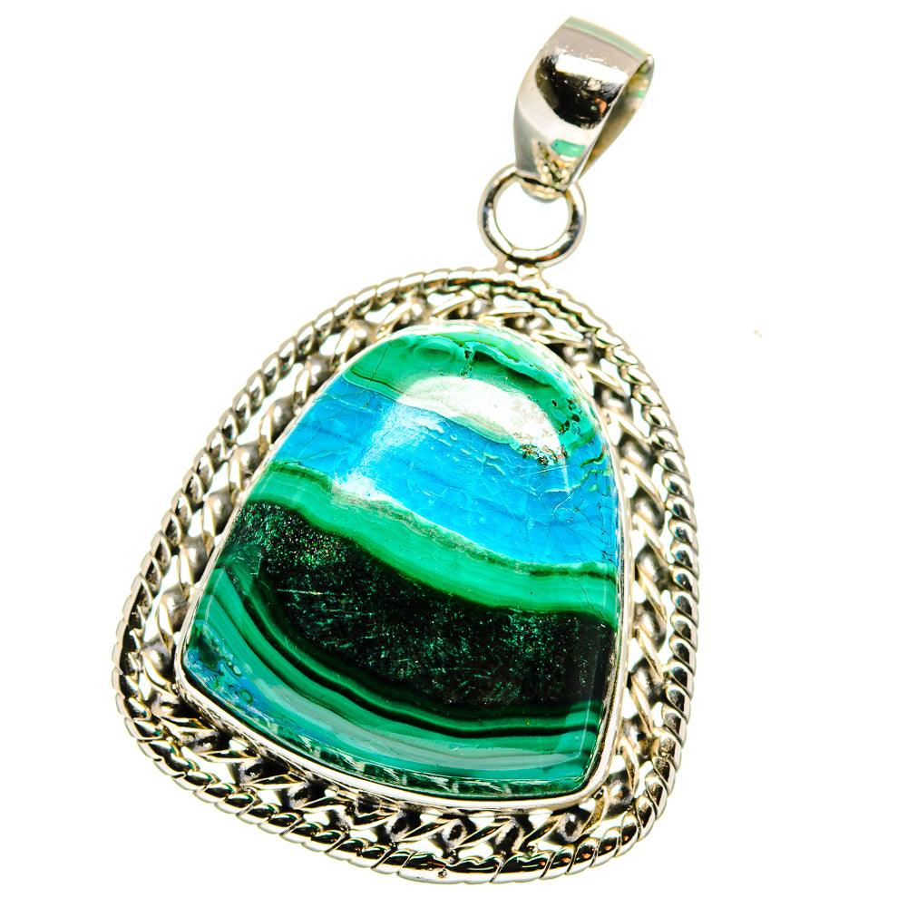 Heart-shaped malachite and chrysocolla pendant with rope border and 925 sterling silver bail