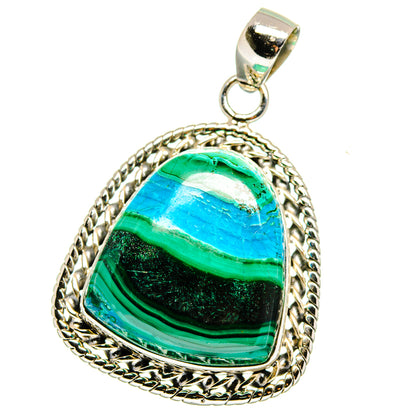 Heart-shaped malachite and chrysocolla pendant with rope border and 925 sterling silver bail