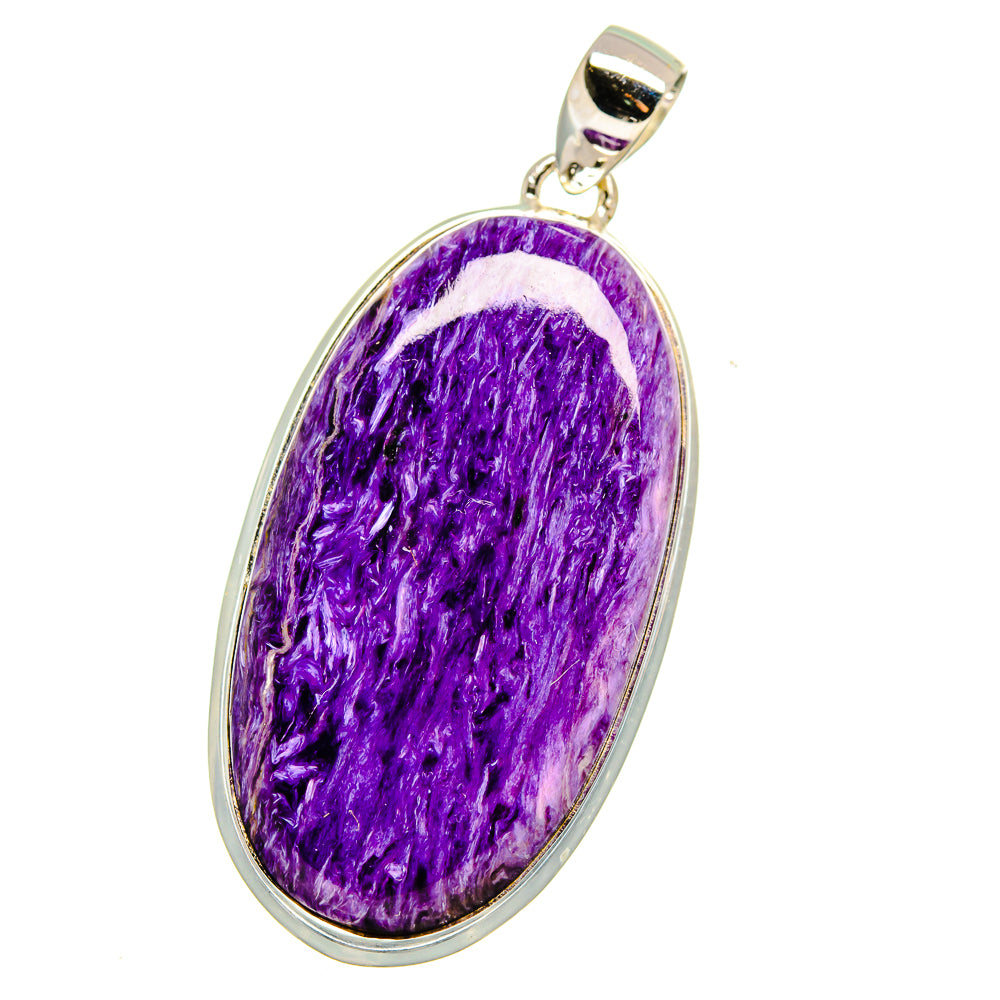 Oval charoite pendant with purple cabochon set in 925 sterling silver bezel