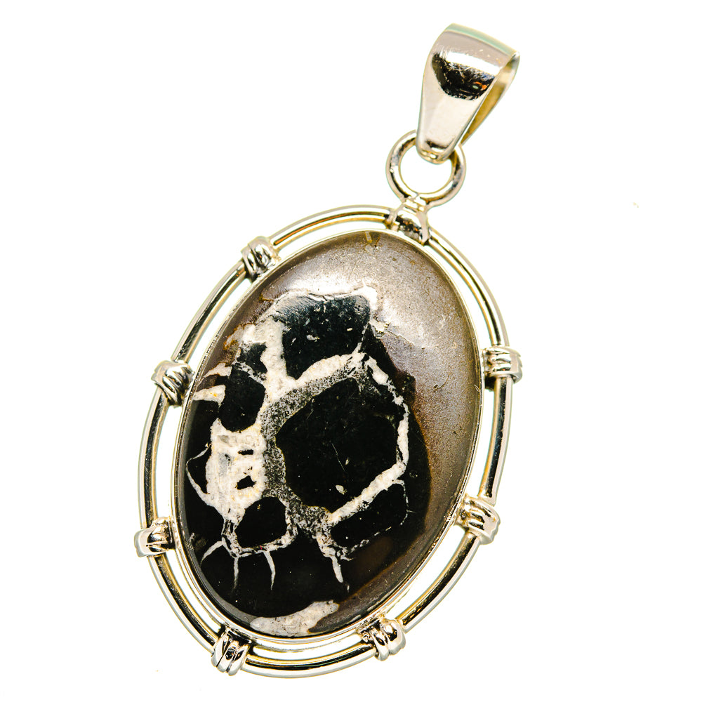 Oval septarian geode pendant with black stone, silver bezel and top loop bail
