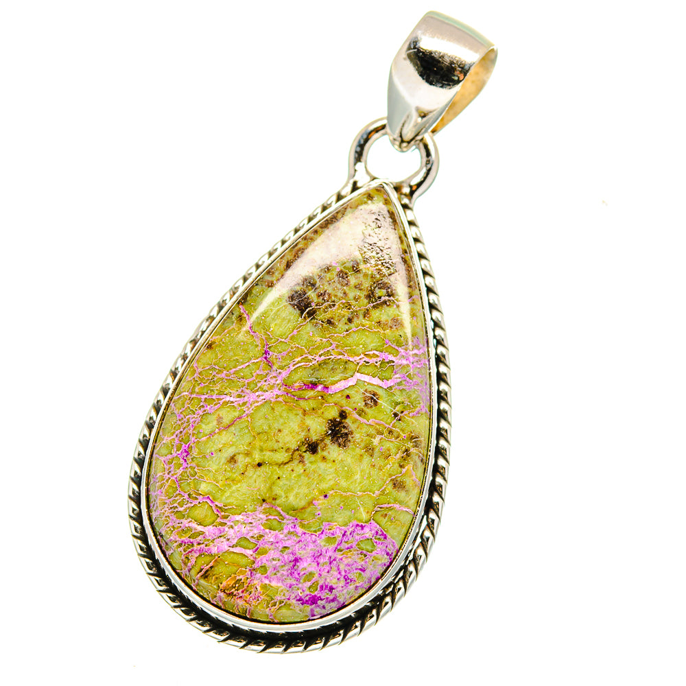 Sterling silver teardrop pendant with textured border and yellow-purple gemstone cabochon