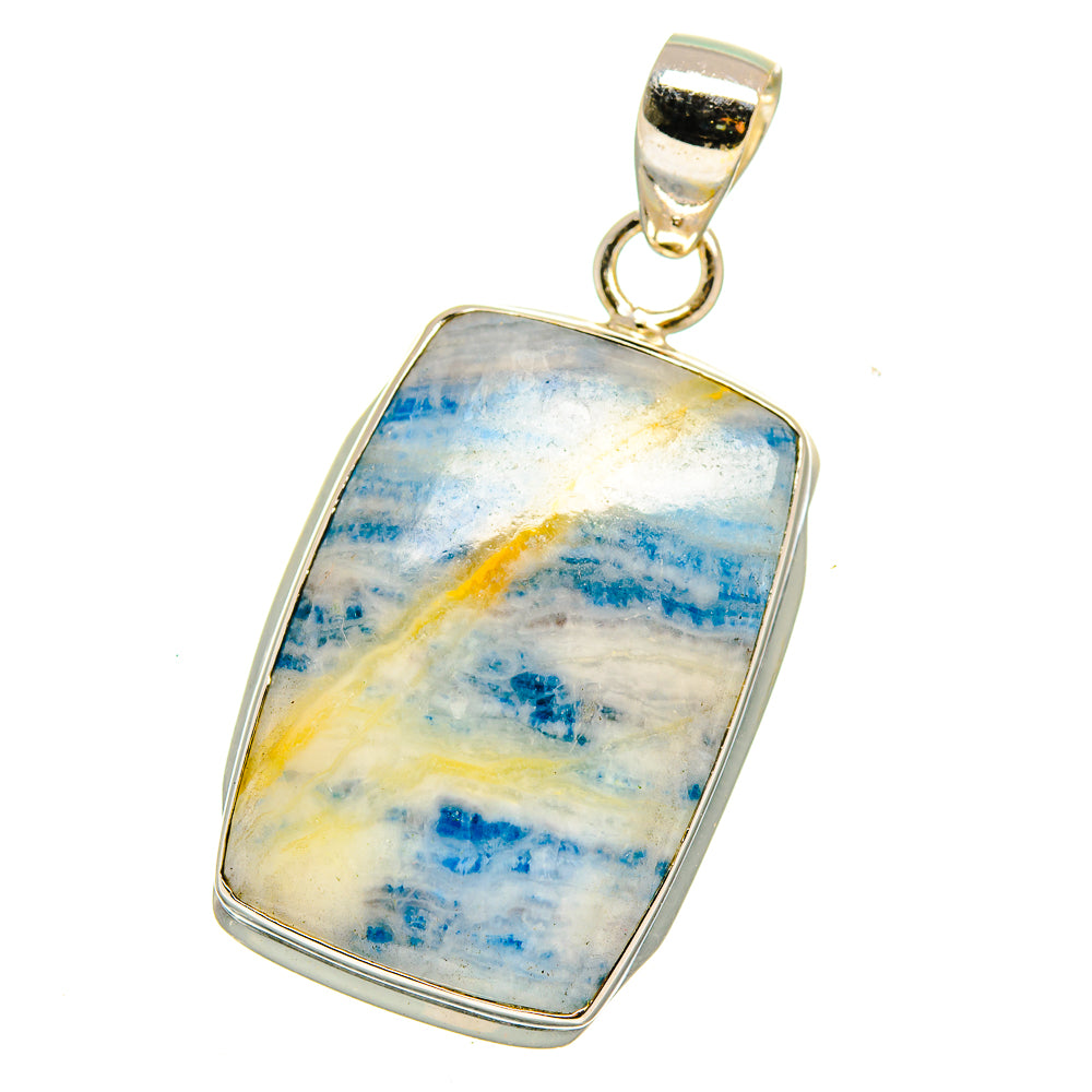 Blue scheelite pendant with rectangular bezel and gold-tone bail, 925 sterling silver